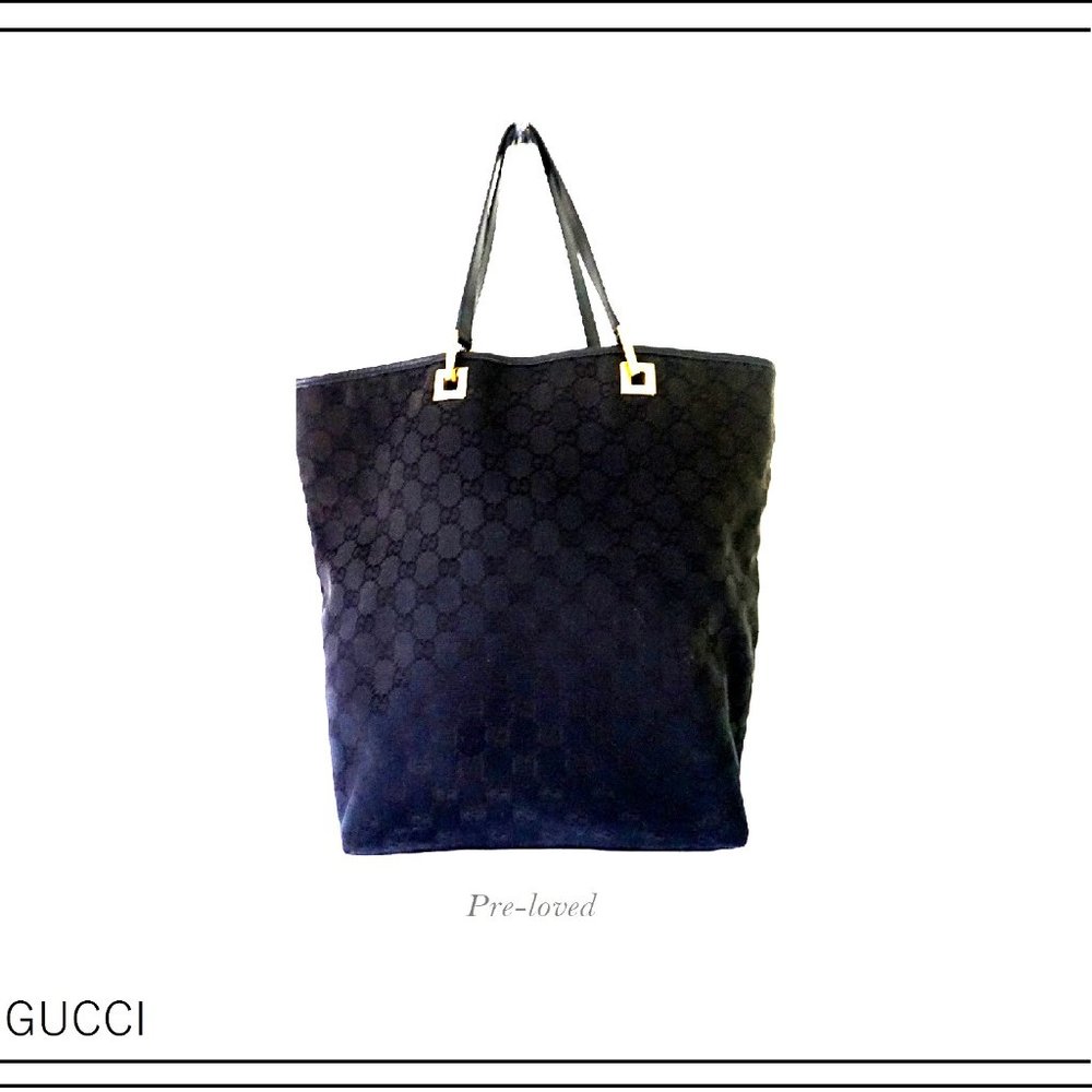 GUCCI GG CANVAS BUCKET TOTE BLACK ON BLACK w/ GOLD